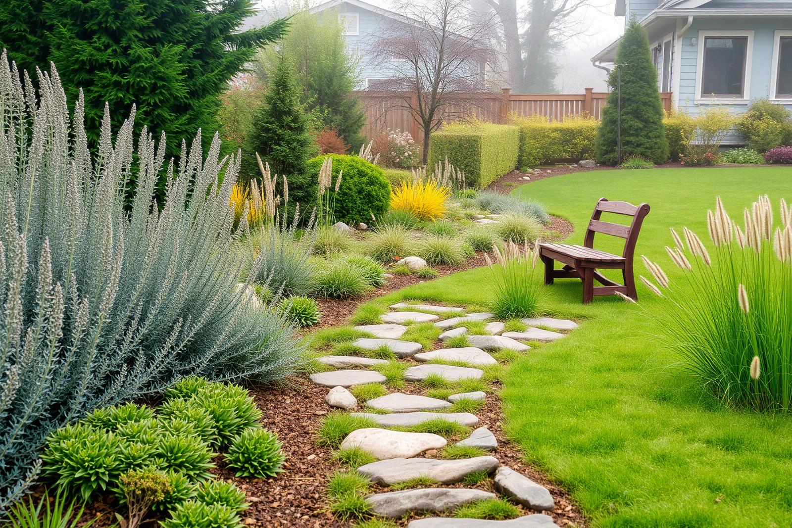 Peaceful garden pathway with soft morning light in a residential setting